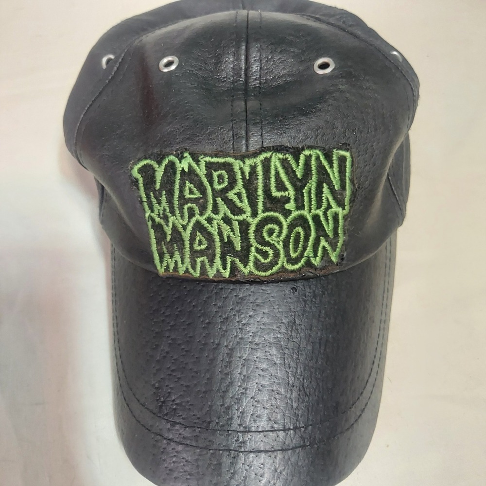 Marilyn Manson Black Leather Baseball‎ Cap Adjustable Strap Green Logo  Pigskin